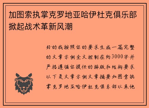 加图索执掌克罗地亚哈伊杜克俱乐部掀起战术革新风潮 加图索执掌克罗地亚哈伊杜克俱乐部掀起战术革新风潮